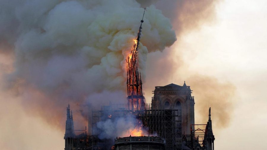 The spire collapses. 